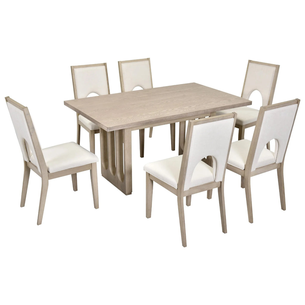 Natural Wood Wash 7-Piece Dining Table Set with 6 Upholstered Chairs K229