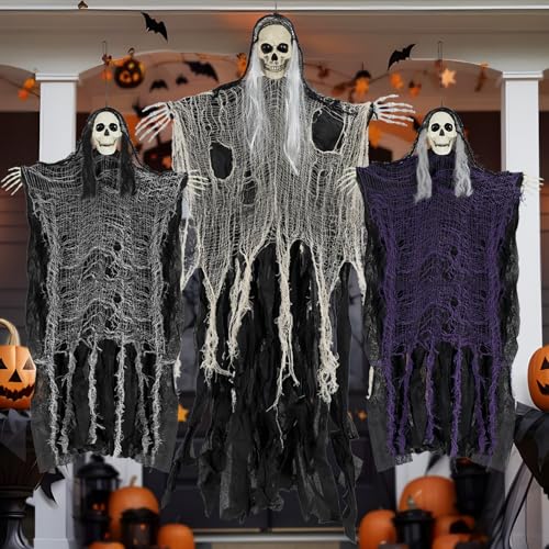 Set of 3 Hanging Ghosts and Grim Reaper Skeleton Halloween Decorations Z526