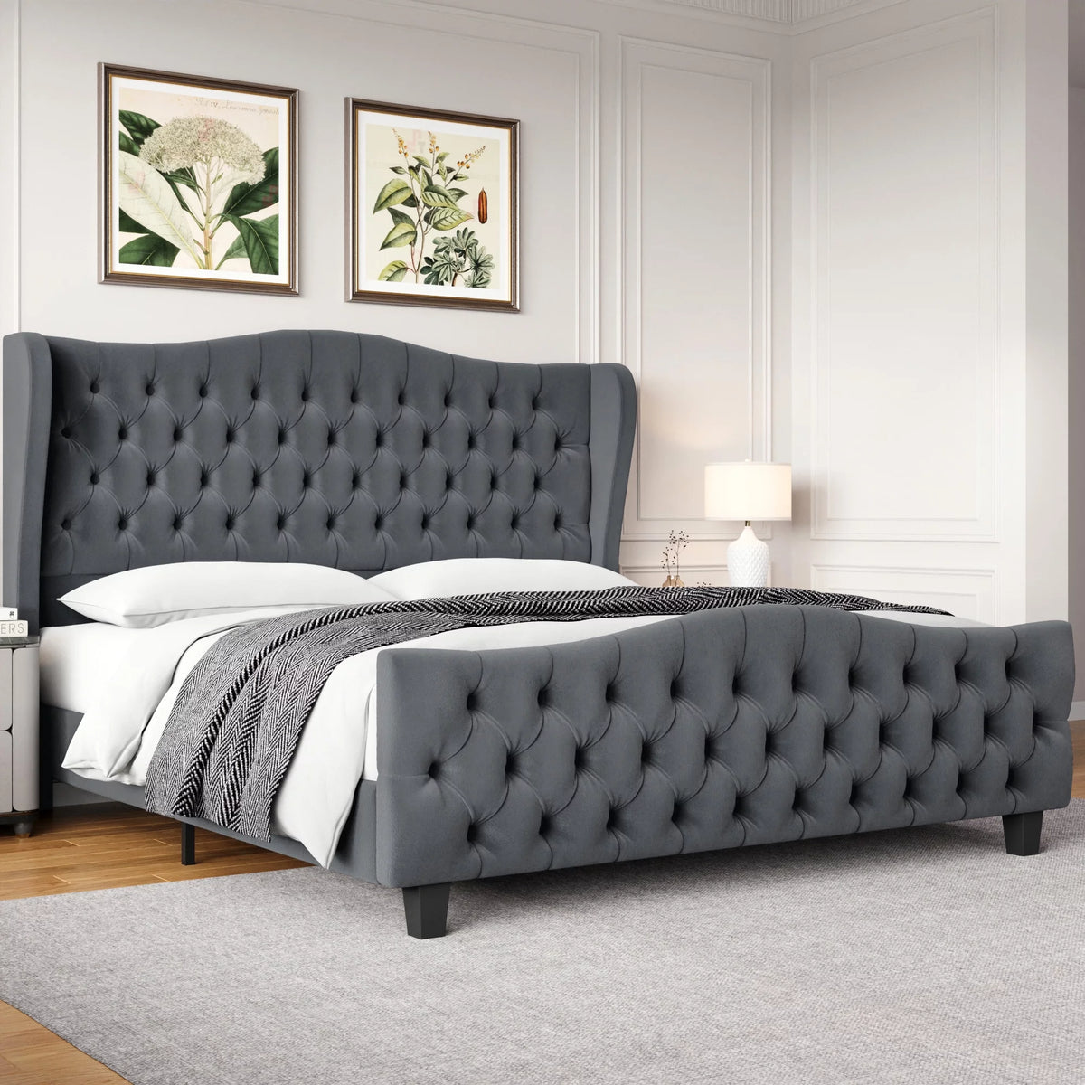 Queen Size Beige Velvet Tufted Upholstered Platform Bed Frame X8788