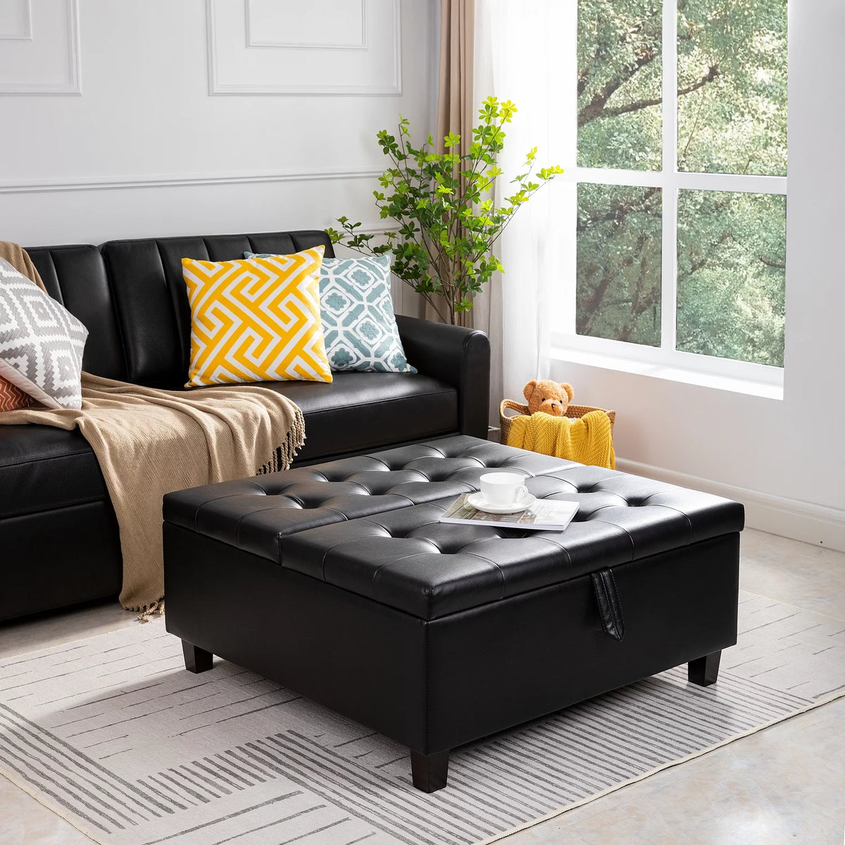Black Air Leather Tufted Lift-Top Storage Ottoman Bench P121045