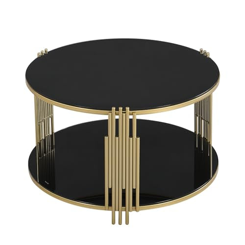 Black Round Coffee Table with Tempered Glass Tabletop and Metal Drum Base U480