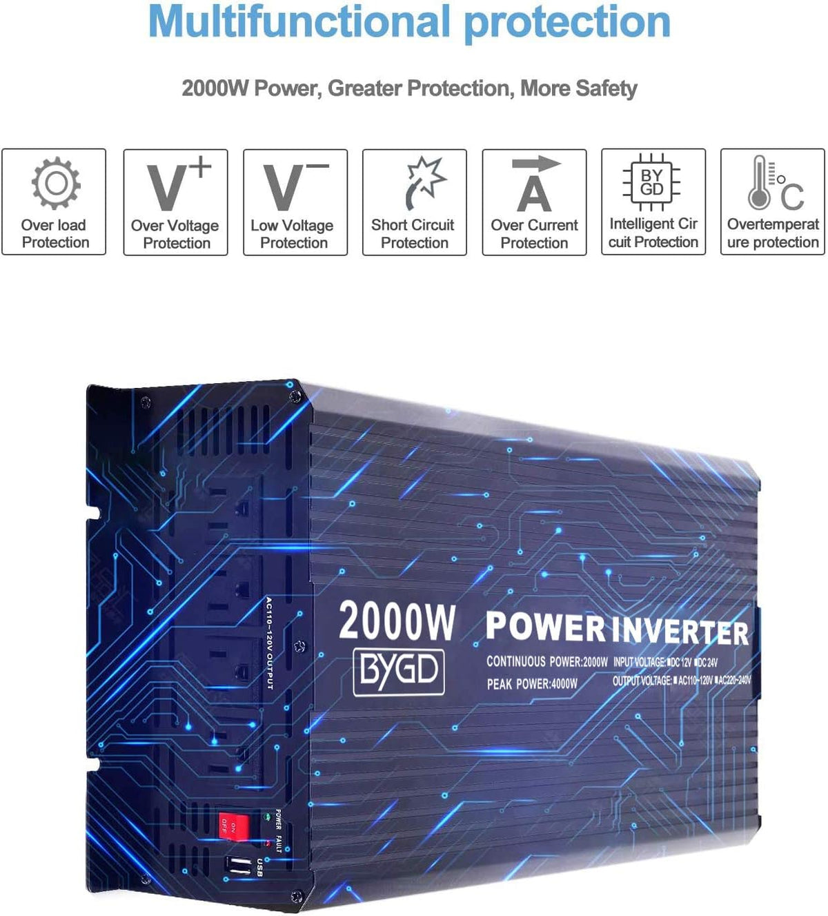 2000W Power Inverter 12V to 110V Modified Sine Wave with 4 AC Outlets M6424