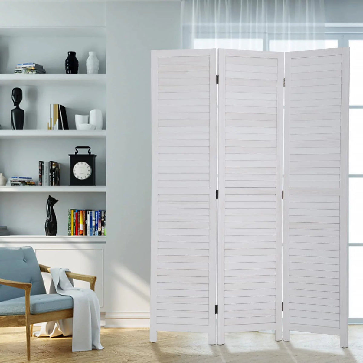 White 3 Panel Wood Room Divider J9397