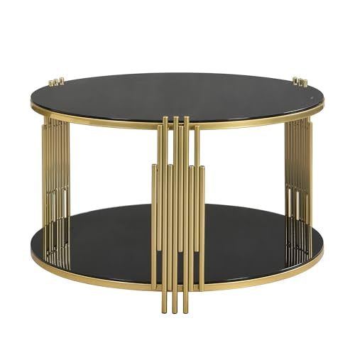 Black Round Coffee Table with Tempered Glass Tabletop and Metal Drum Base U480