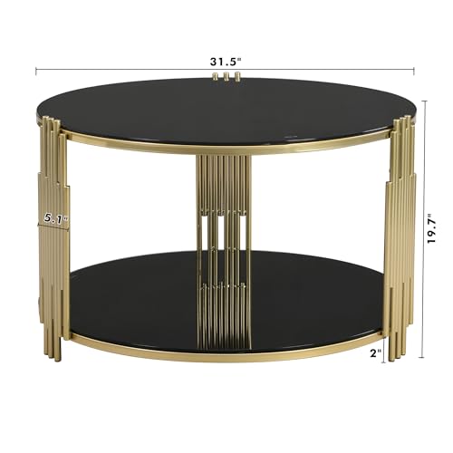 Black Round Coffee Table with Tempered Glass Tabletop and Metal Drum Base U480
