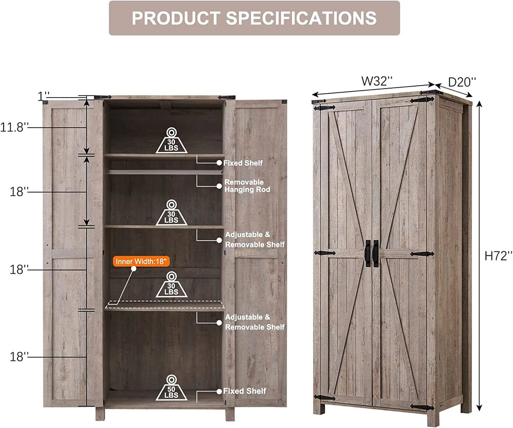 Light Rustic Oak Kitchen Pantry Storage Cabinet with Barn Door and Hanging Rod Q2671