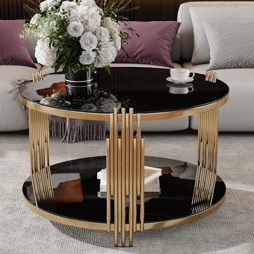 Black Round Coffee Table with Tempered Glass Tabletop and Metal Drum Base U480