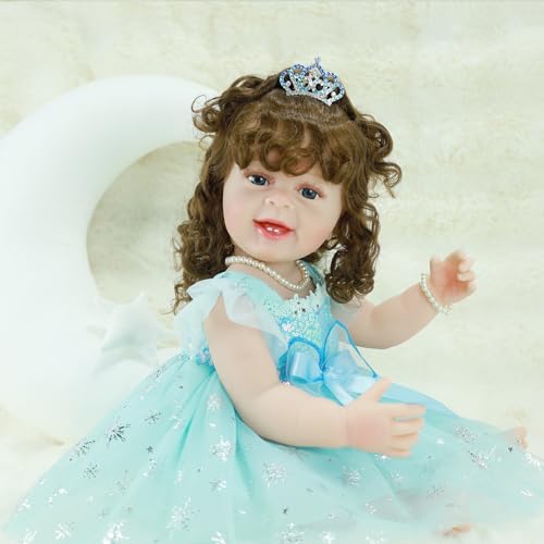 22 Inch Lifelike Full Body Vinyl Silicone Reborn Baby Doll with Long Hair Q619