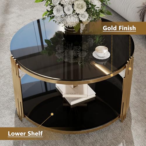 Black Round Coffee Table with Tempered Glass Tabletop and Metal Drum Base U480