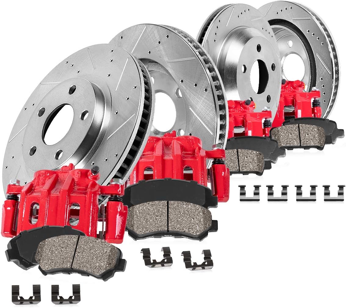 Red Calipers Drilled Slotted Rotors Ceramic Brake Pads Hardware Kit J1722