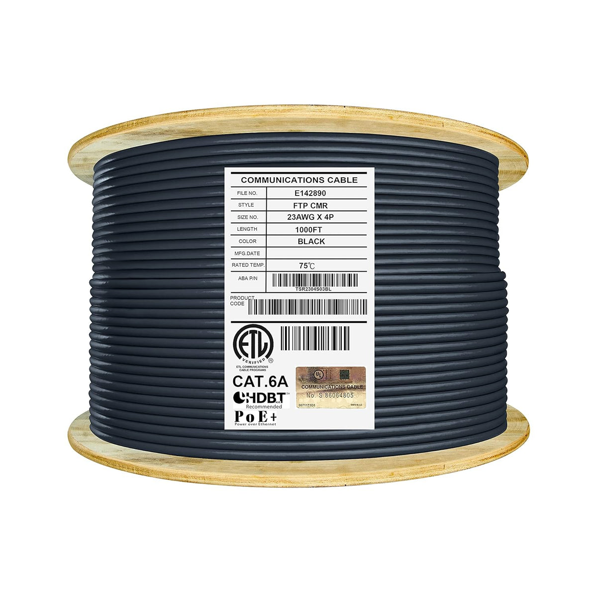 Cat6A Shielded Riser 1000ft FTP 23AWG Solid Bare Copper Ethernet Cable Reel Y254