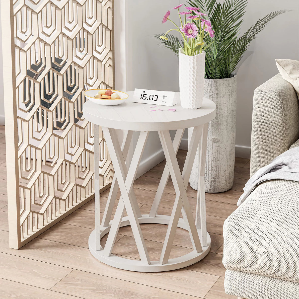 Antique White Round Wood End Table M9182