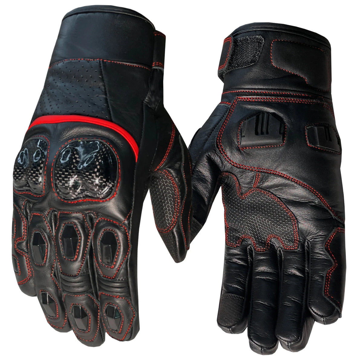 Black Red Leather Motorcycle Biker Gloves O9361