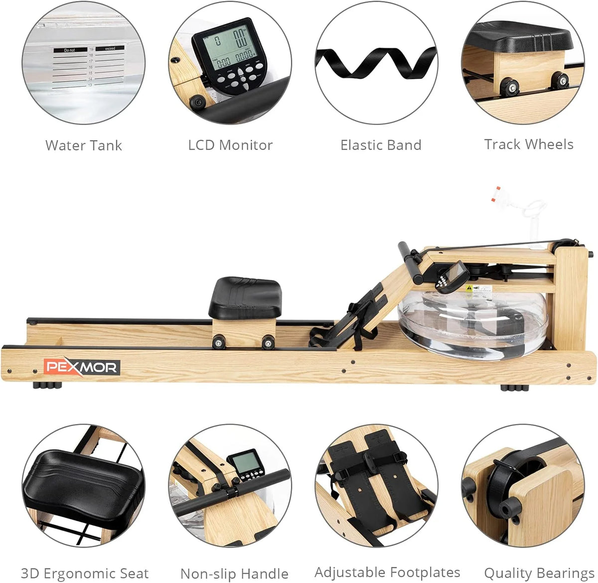 Oak Wood Water Rowing Machine with LCD Monitor Q8041