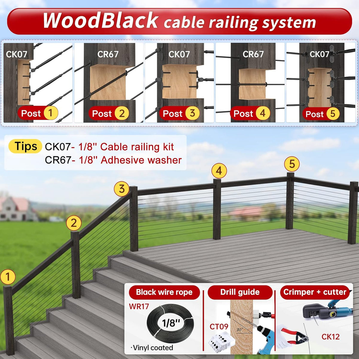 Black Cable Railing Kit 10 Set T316 Stainless Steel Hardware C6295