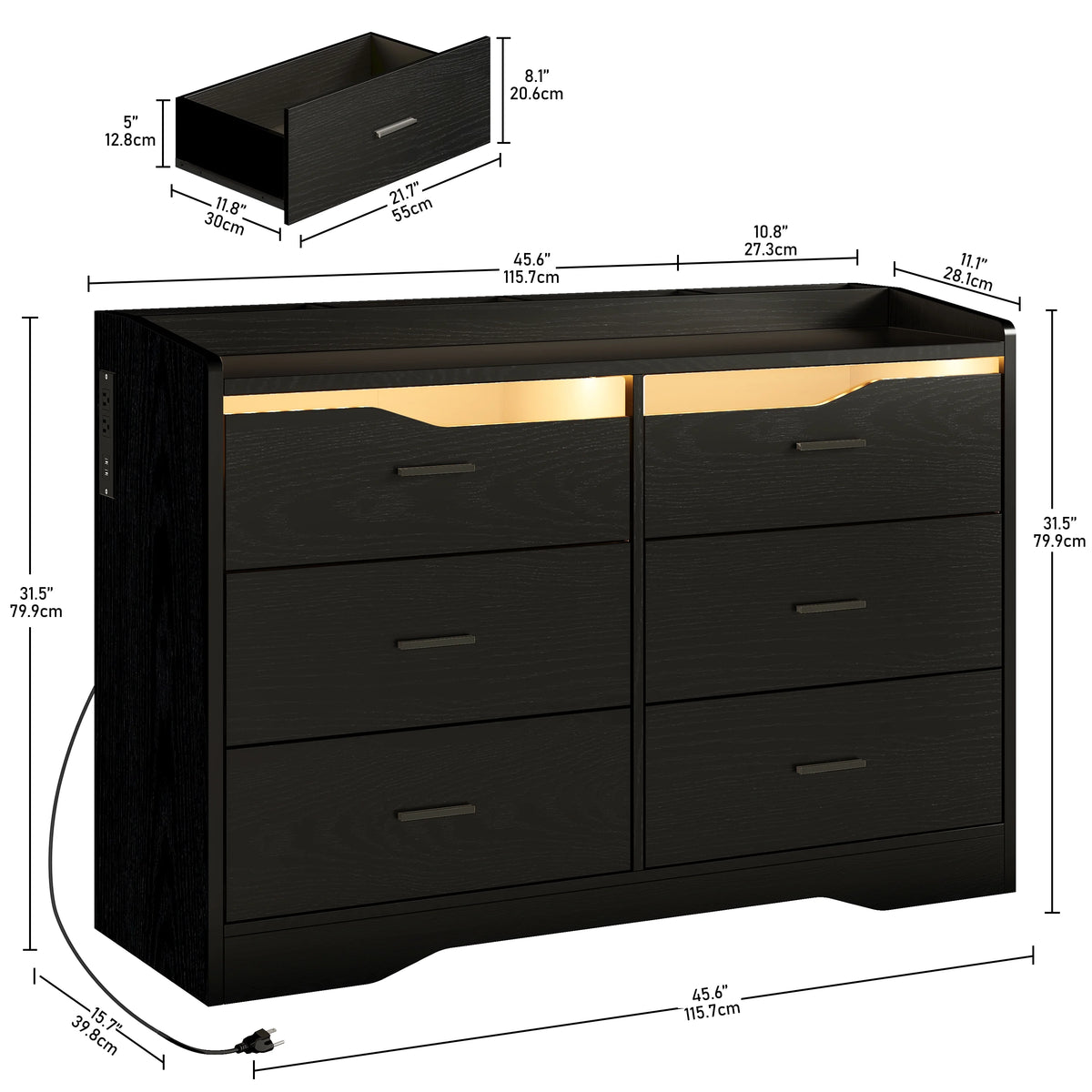 White 6 Drawer Dresser with LED Lights and Charging Station T91748