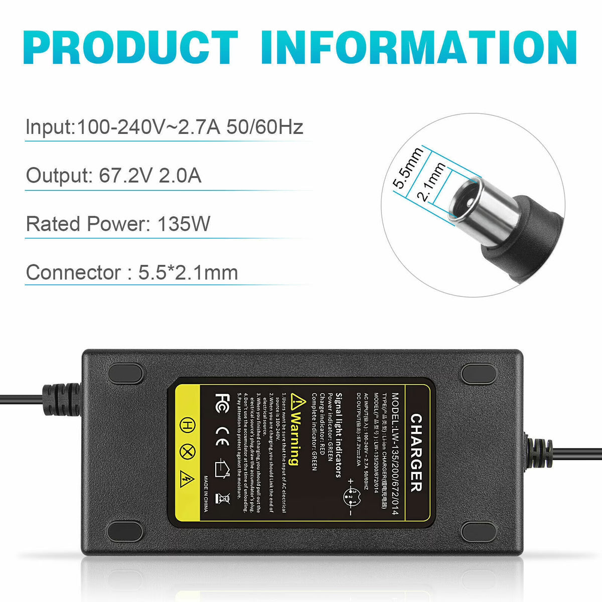 67.2V 2A T Plug Charger for 60V Li-ion Battery Electric Scooter E-bike Bicycle G416409