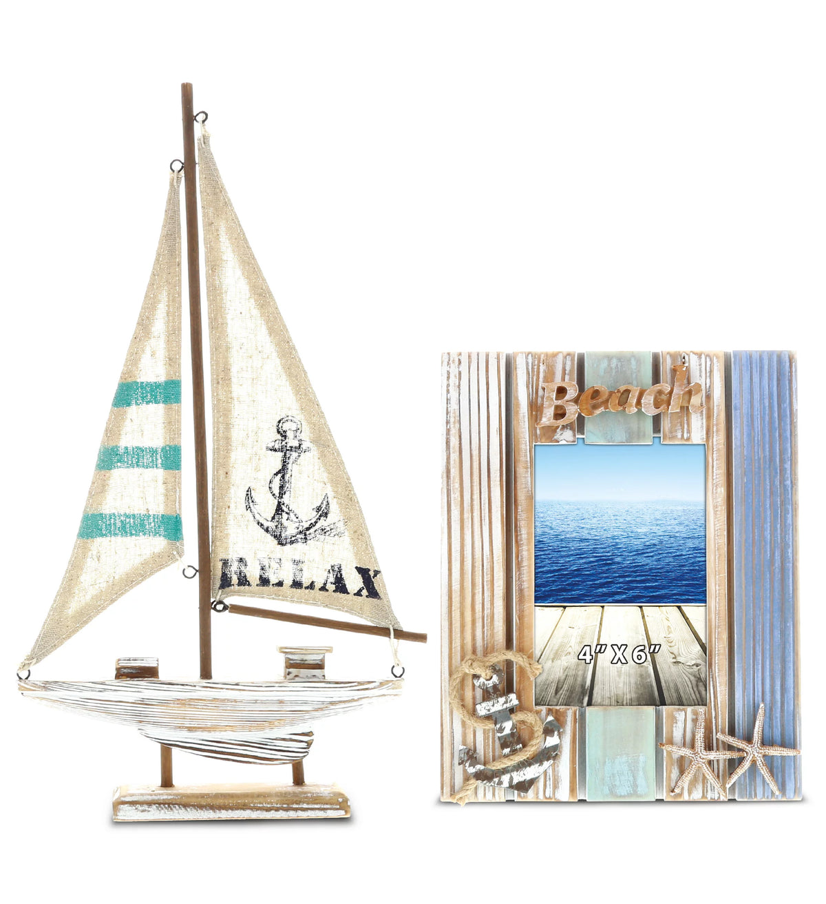 White Distressed Wood Starfish Photo Frame and Wooden Boat Decor I1476