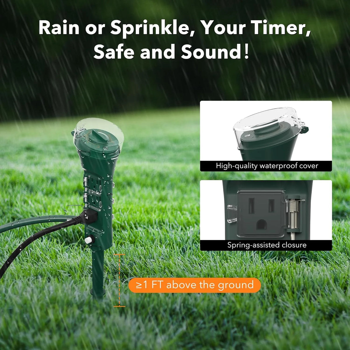 Outdoor Power Strip Yard Stake Timer 6 Grounded Outlets 6 ft Cord Weatherproof U7629
