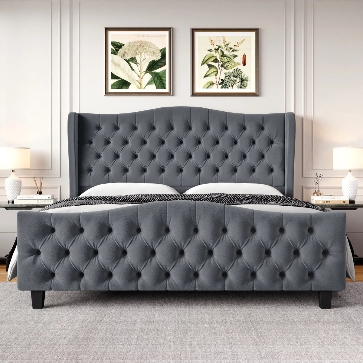 Queen Size Beige Velvet Tufted Upholstered Platform Bed Frame X8788