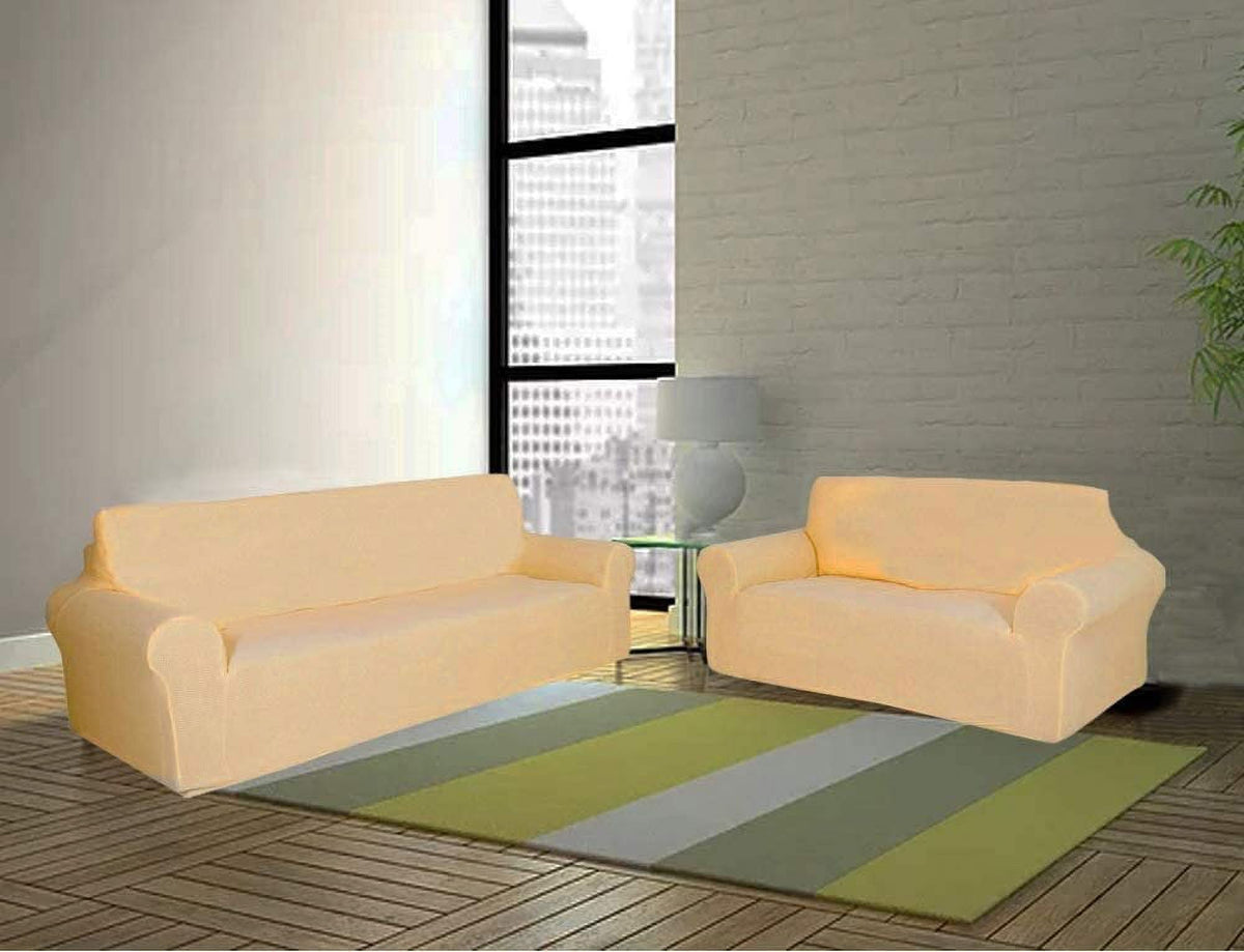 Beige/Cream 2-Piece Brushed Polyester Spandex SlipCover Set for Sofa Loveseat Couch H9217