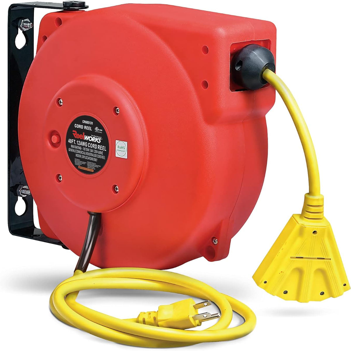 Retractable Extension Cord Reel Polypropylene 12AWG x 40' 3C SJT Cable Triple Tap Connector 15A 125VAC 1875W 60Hz Z839399