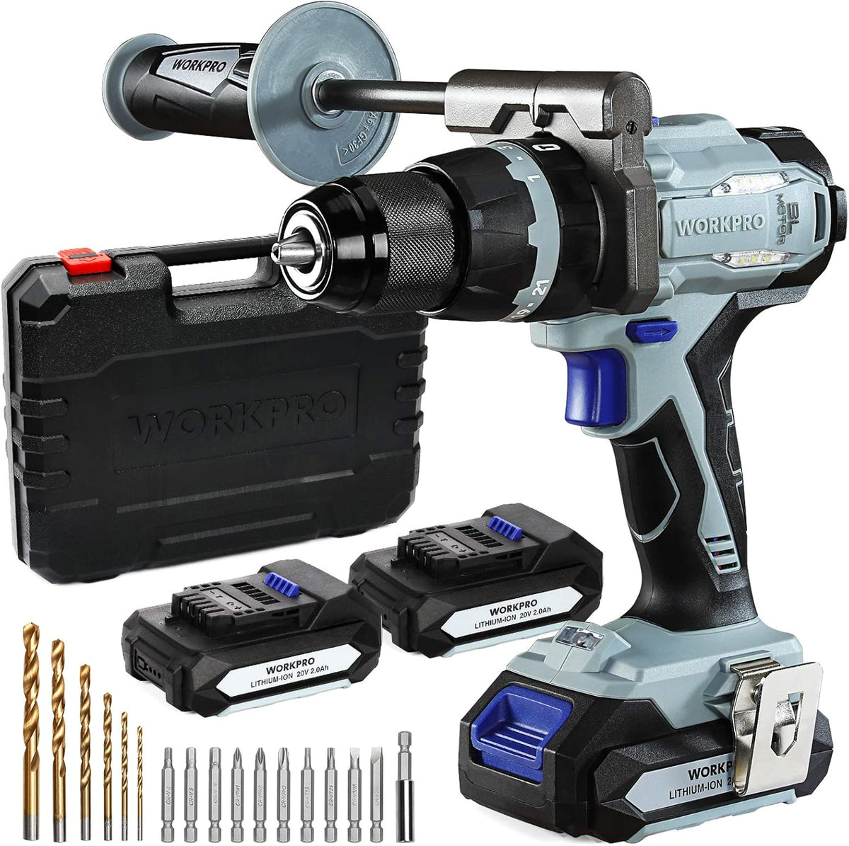 20V Brushless Cordless Drill with 2 Batteries 2.0 Ah and Auxiliary Handle D508