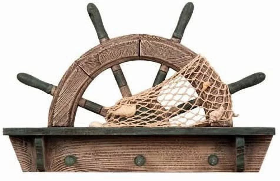 Wooden Half Ship Wheel Shelf with Hooks D258