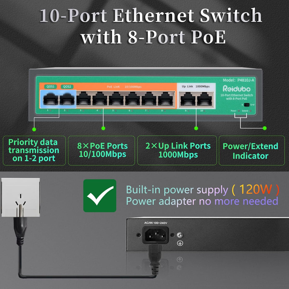 10 Port Ethernet PoE Switch with 8-Port PoE 100Mbps, 2 Gigabit Uplink, 120W, Unmanaged, Metal Case, Pack of 2 B84226