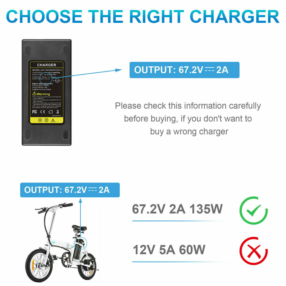 67.2V 2A T Plug Charger for 60V Li-ion Battery Electric Scooter E-bike Bicycle G416409