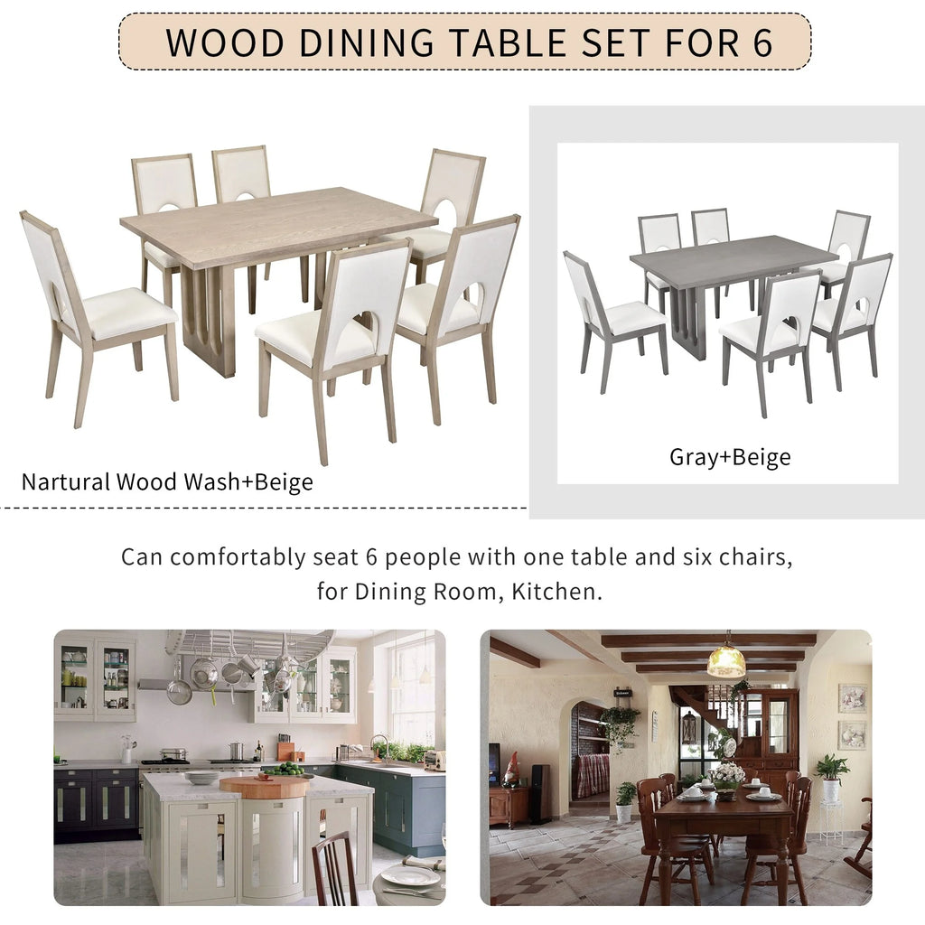 Natural Wood Wash 7-Piece Dining Table Set with 6 Upholstered Chairs K229