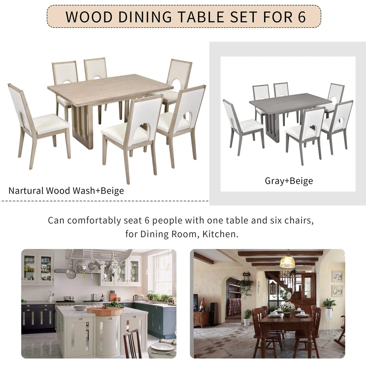 Natural Wood Wash 7-Piece Dining Table Set with 6 Upholstered Chairs K229