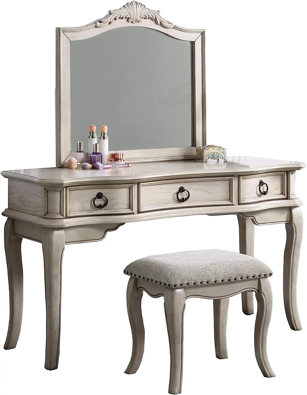 Antique White Vanity Set with Stool and Mirror X8382