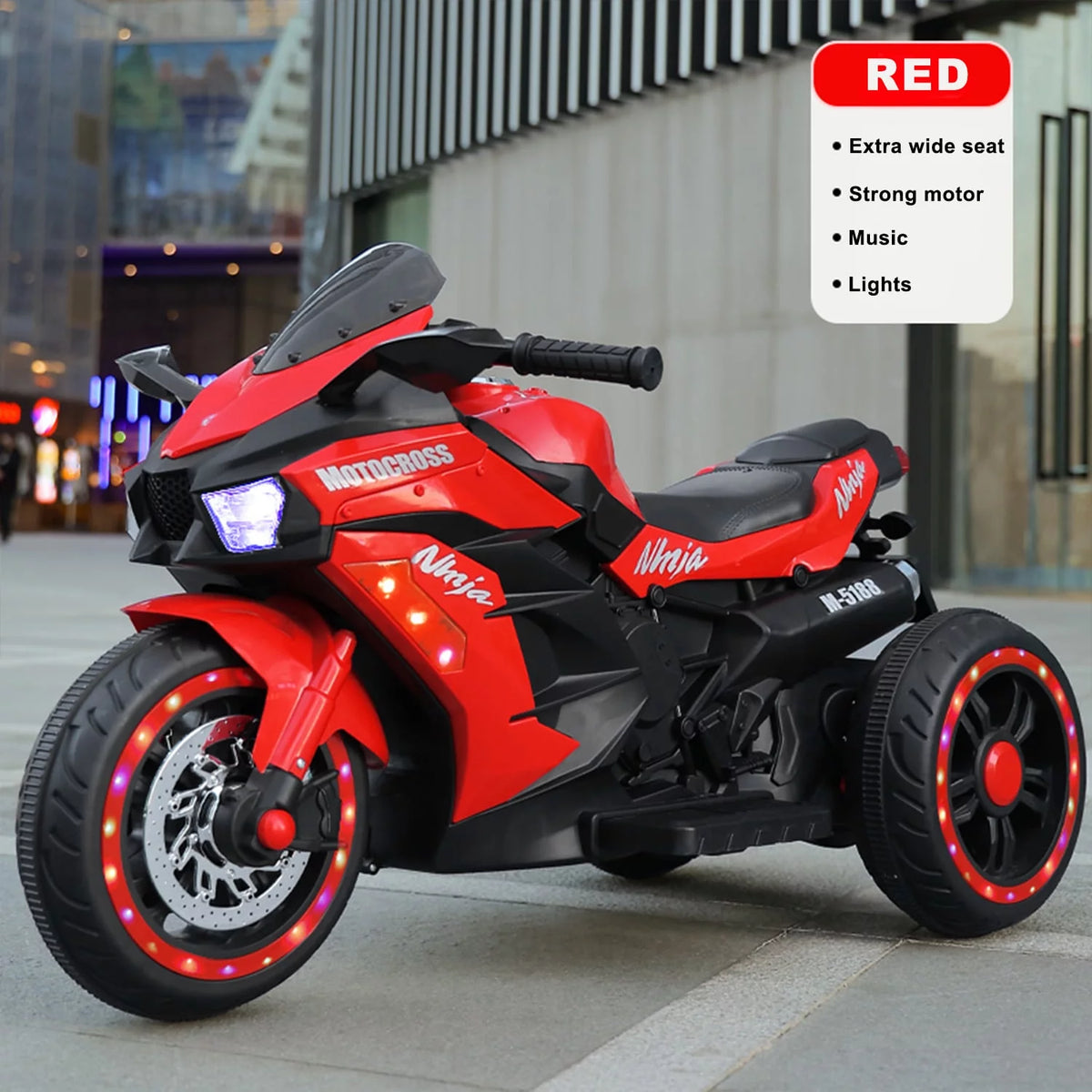 12v Battery Powered 3 Wheels Ride on Motorcycle with LED Lights Music Red R22071