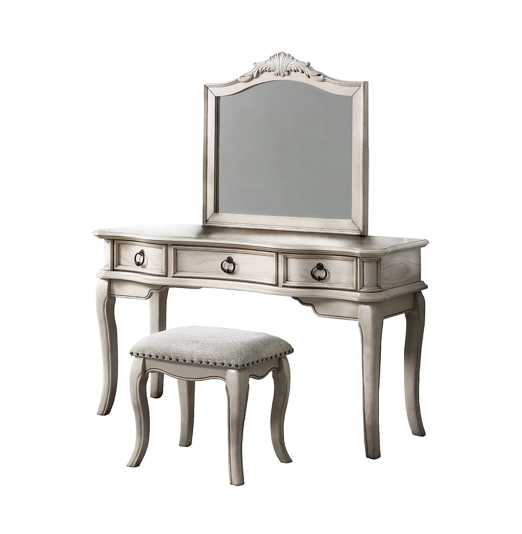 Antique White Vanity Set with Stool and Mirror X8382