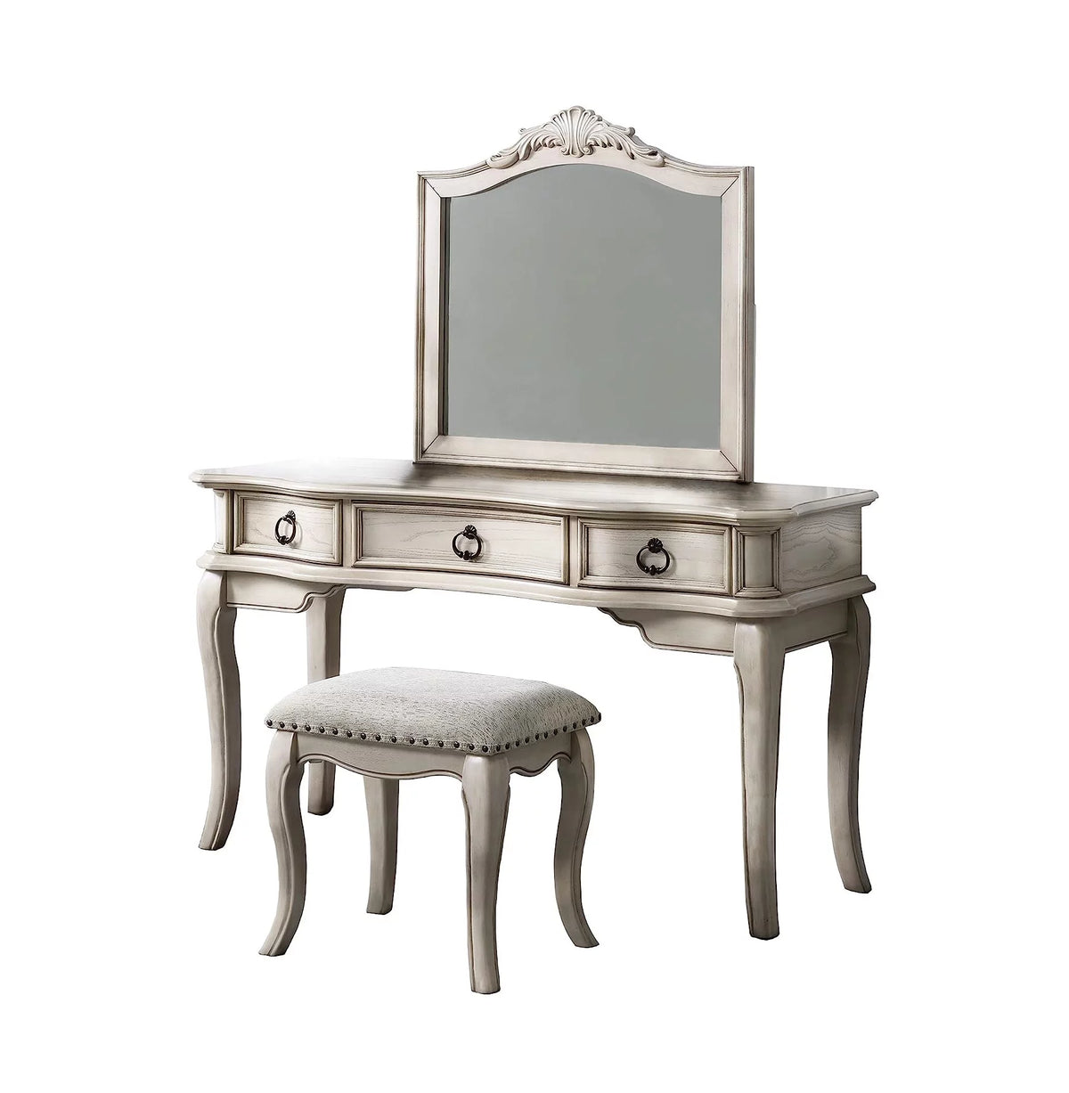 Antique White Vanity Set with Stool and Mirror X8382